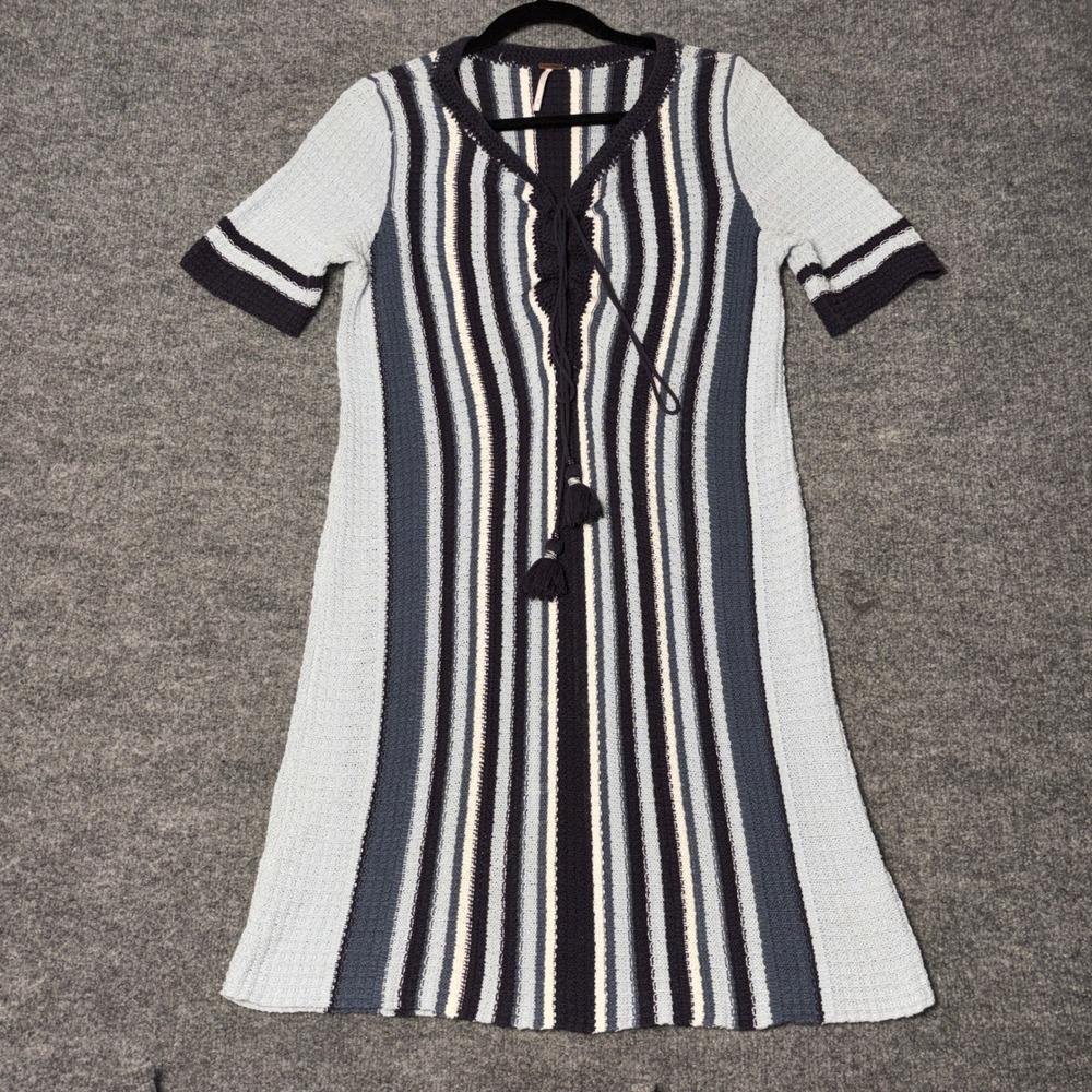 Free People Sweater Dress Womens M Blue Lollipop Striped Knit Mini Boho Tassel